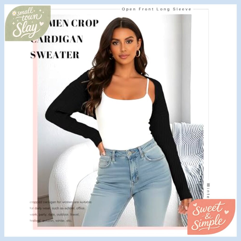 2 Pack Cropped Cardigan Shrugs Open Front Long Sleeve Y2K Winter Layering - Picture 2 of 7